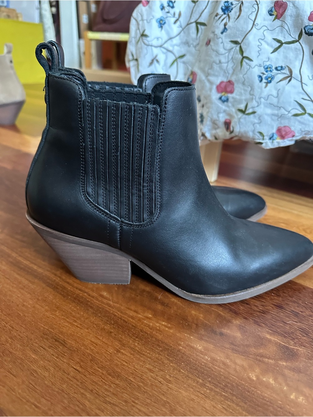 Classic Black Leather Chelsea Booties with Stacked Heel
